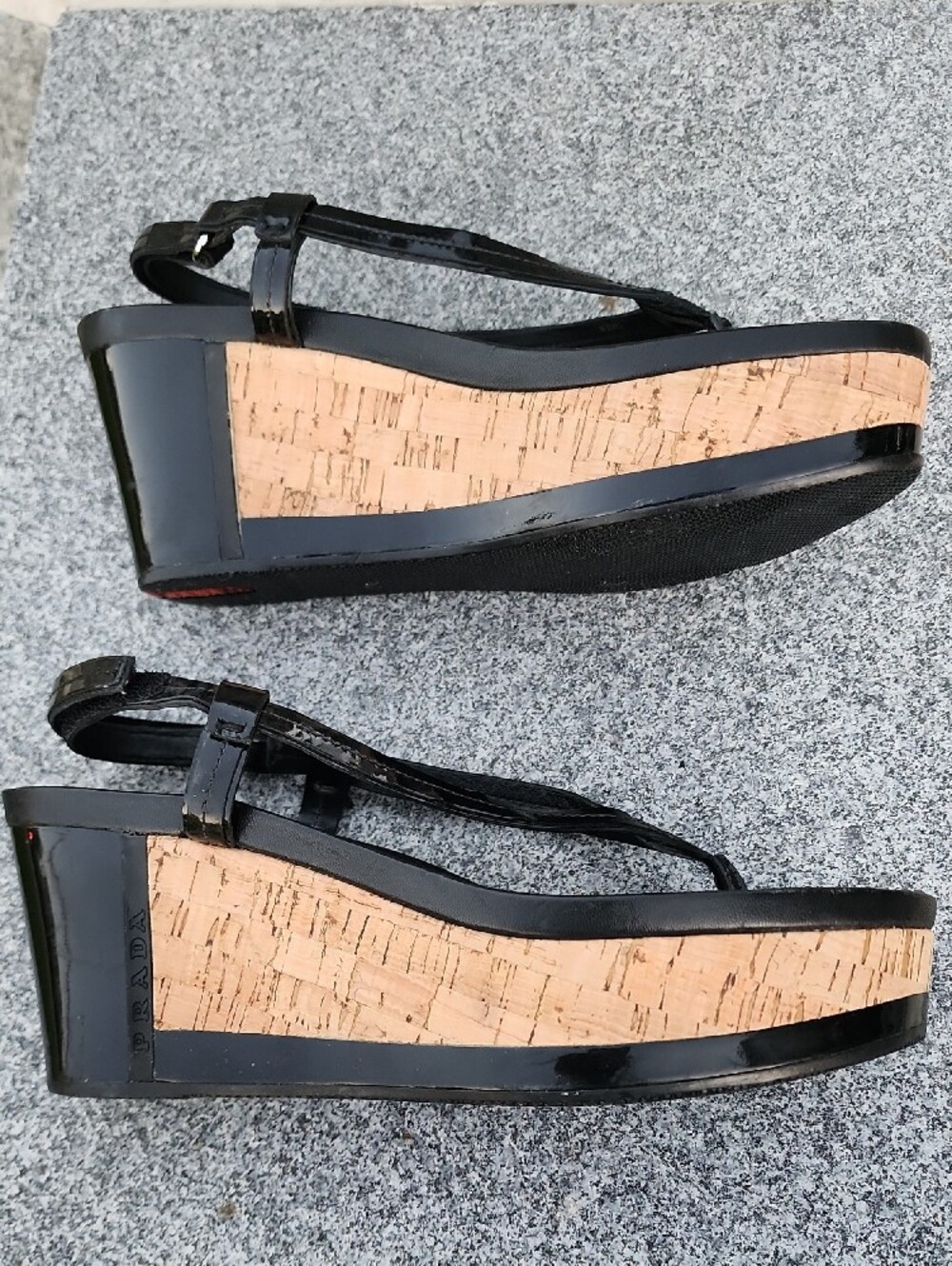 Prada Black Patent Leather Cork Wedge Thong Sandals - Picture 12 of 15